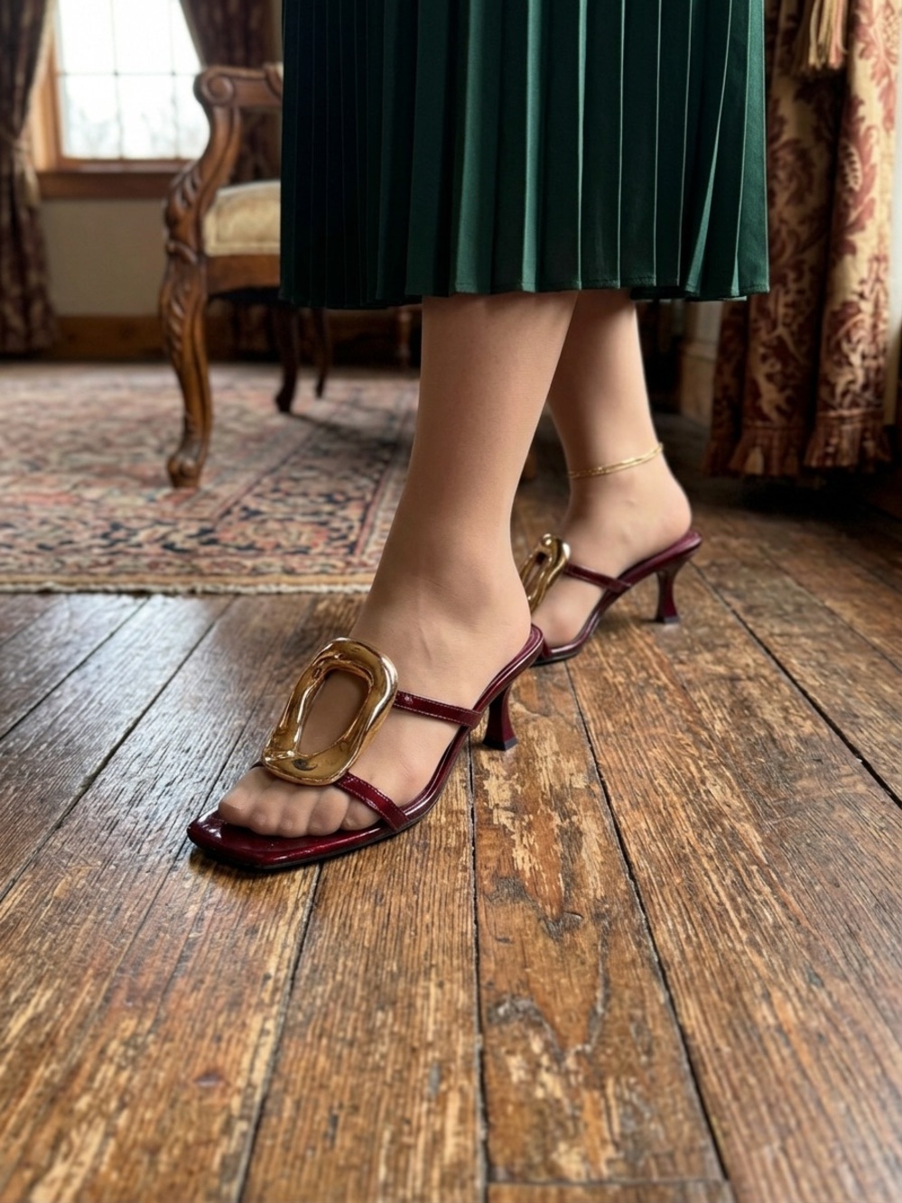 Lulu's Wine Patent Heeled Mules with Gold Sculptural Buckle